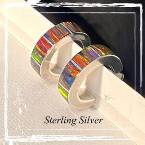 Fire Red Opal Sterling Silver Hoop Post Earrings 950 - Taxco, Mexico